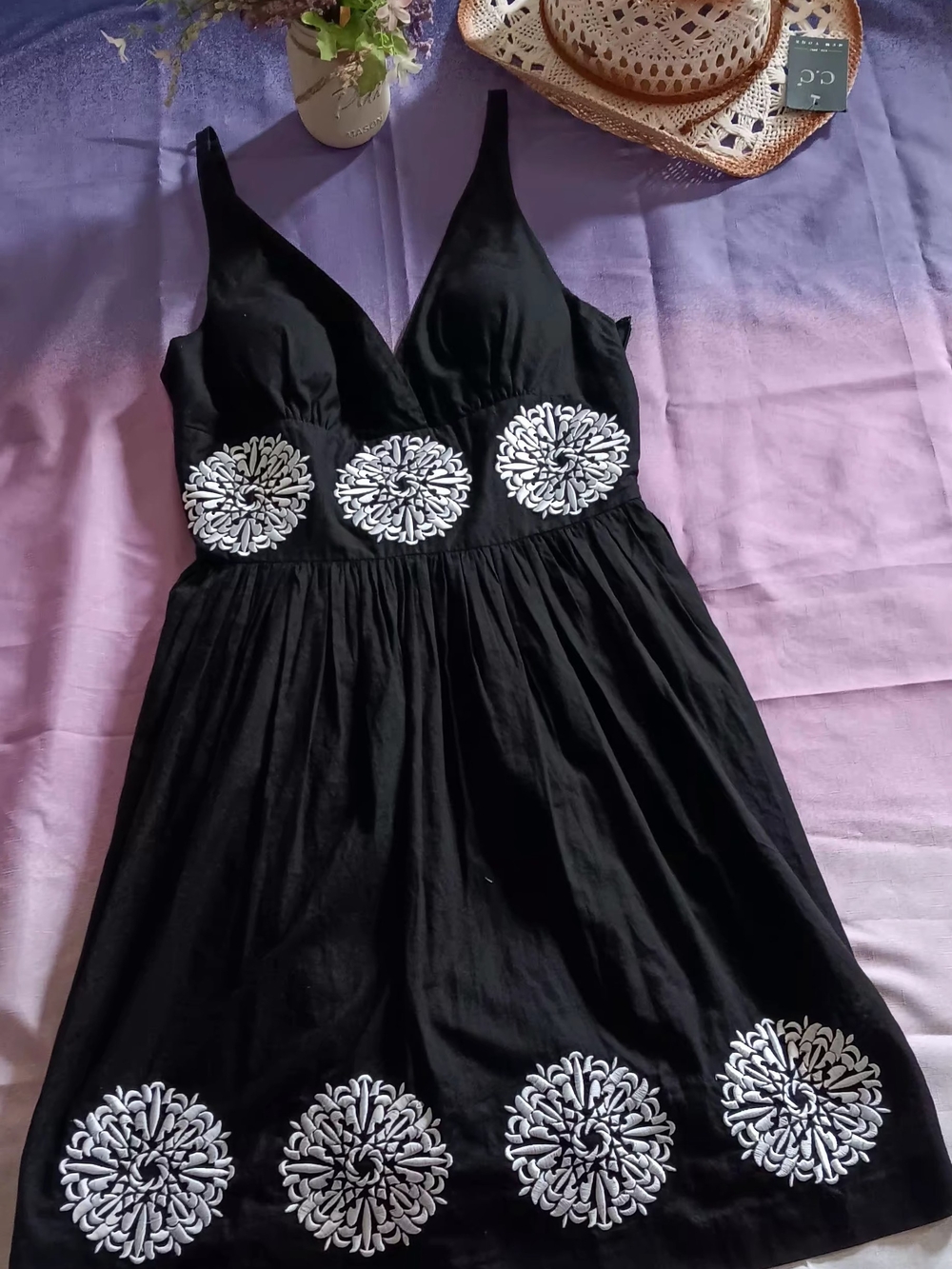 Willi Smith Black Midi Dress with White Embroidered Medallions